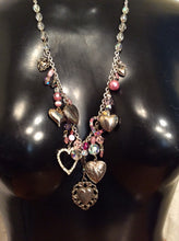 Load image into Gallery viewer, Assemblage Necklace Crystal and Pink Hearts