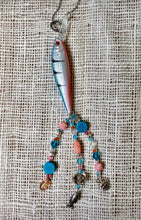 Load image into Gallery viewer, Fishing Lure Pendant Necklace Peach Coral and Turquoise Blue
