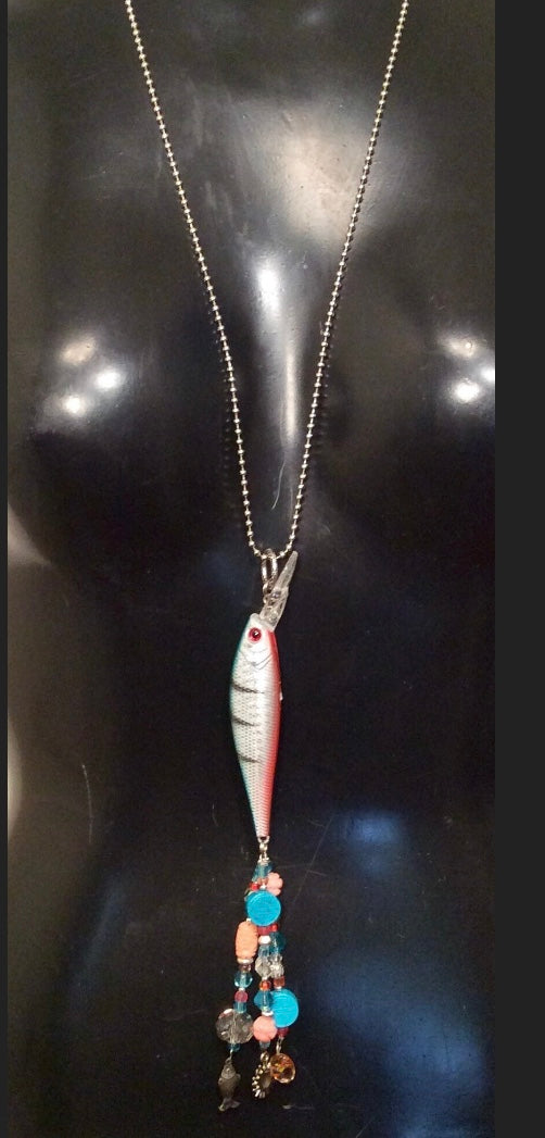 Fishing Lure Pendant Necklace Peach Coral and Turquoise Blue