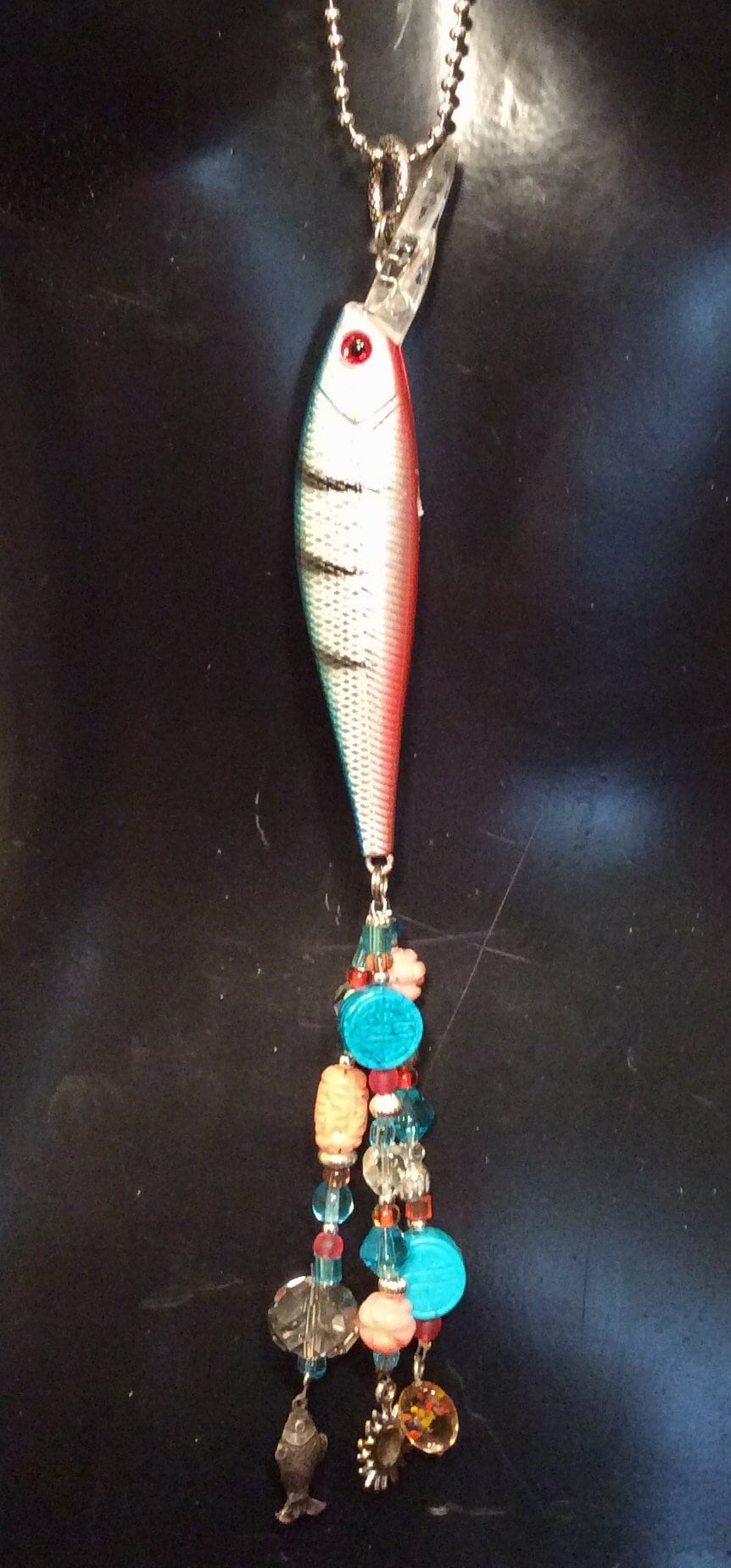 Fishing Lure Pendant Necklace Peach Coral and Turquoise Blue