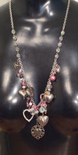 Load image into Gallery viewer, Assemblage Necklace Crystal and Pink Hearts
