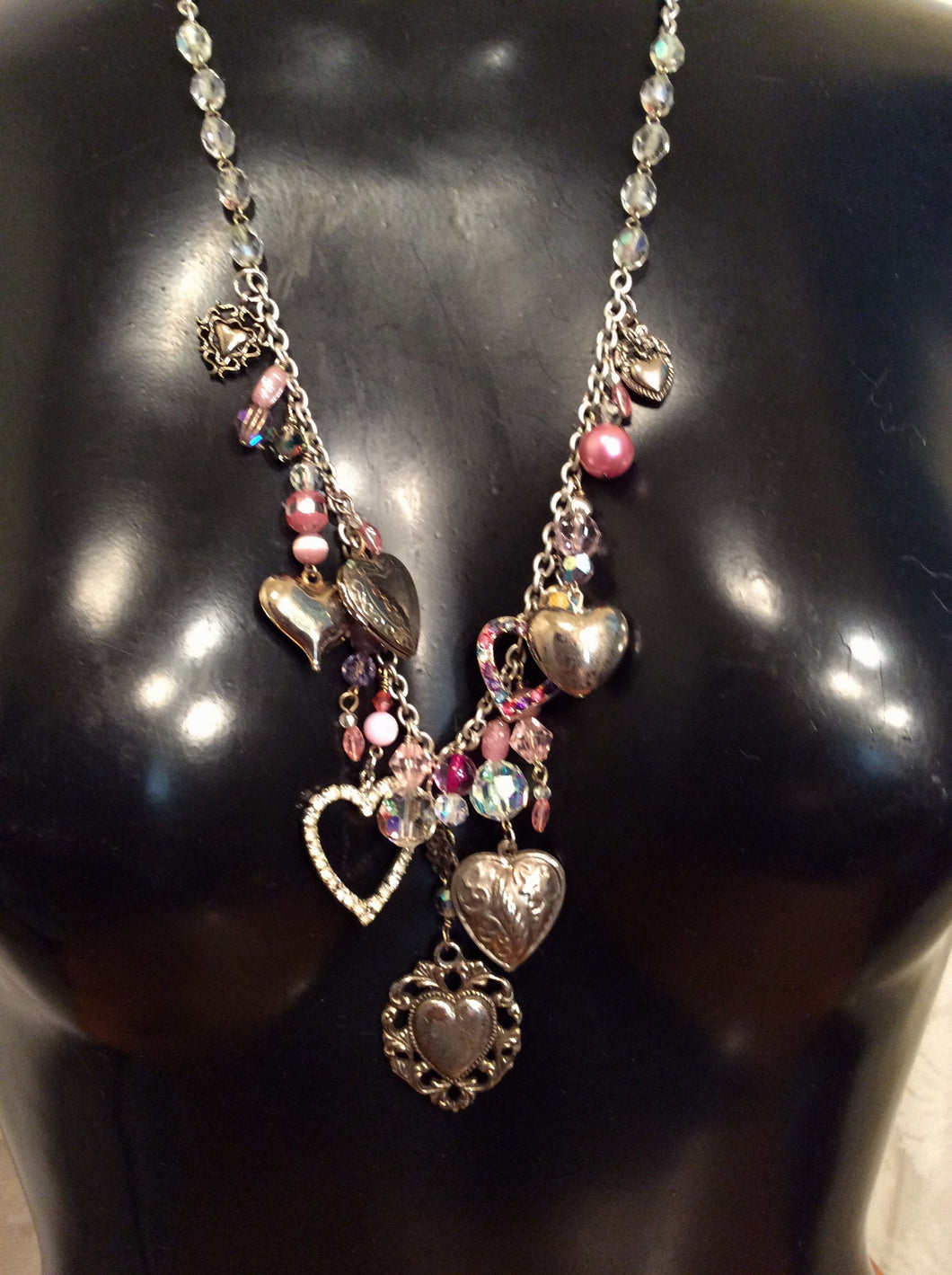 Assemblage Necklace Crystal and Pink Hearts