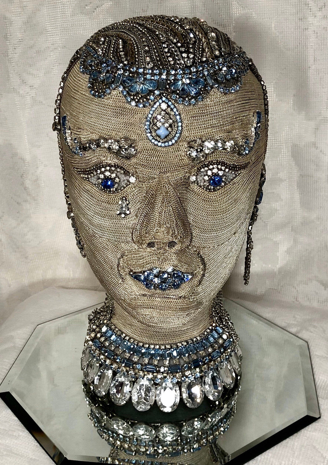 Ice Princess Jewelry Head Sculpture Vintage Rhinestones Silver and Blue