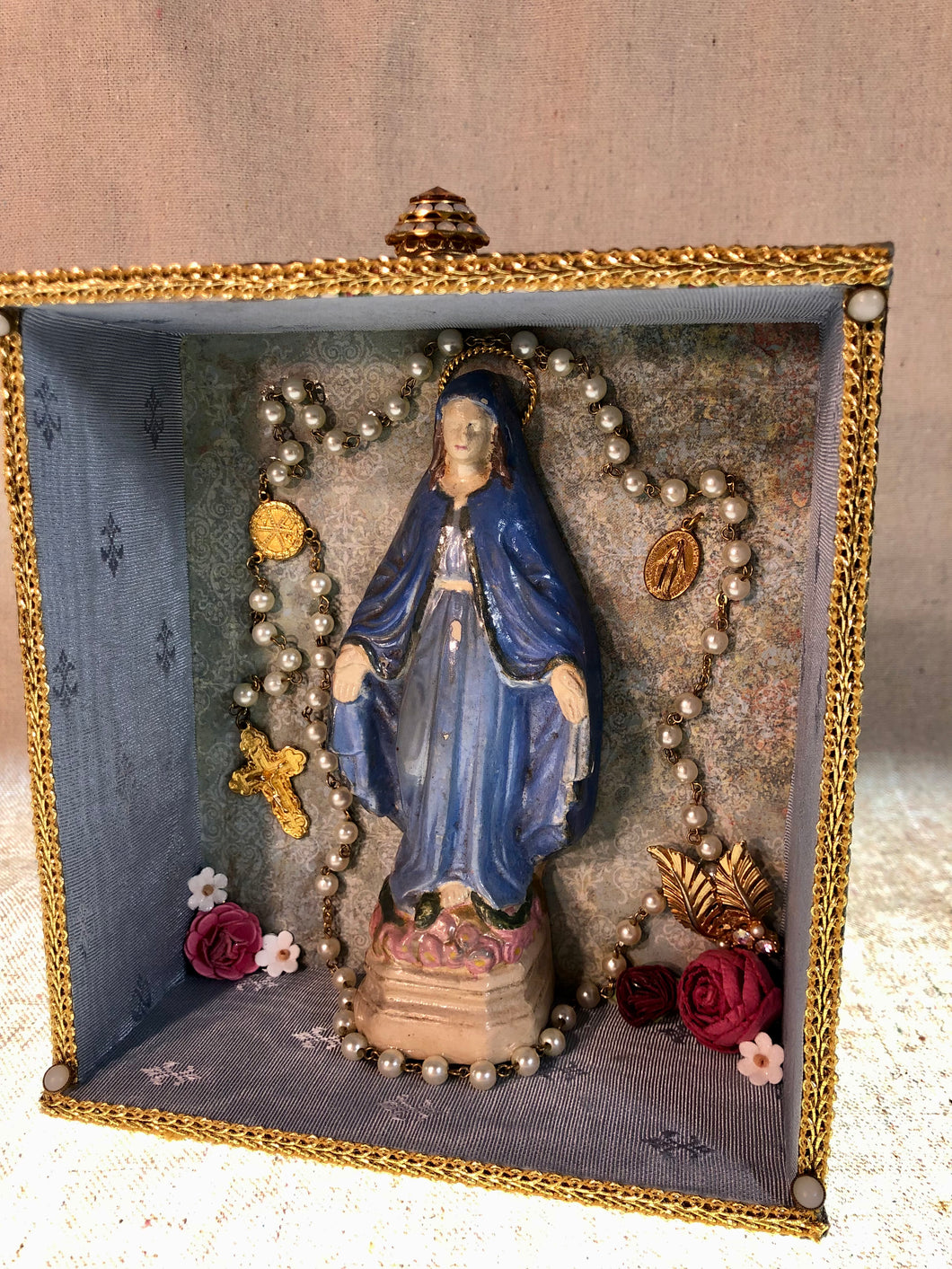 Cigar Box Nicho Shrine Virgin Mary Rosary