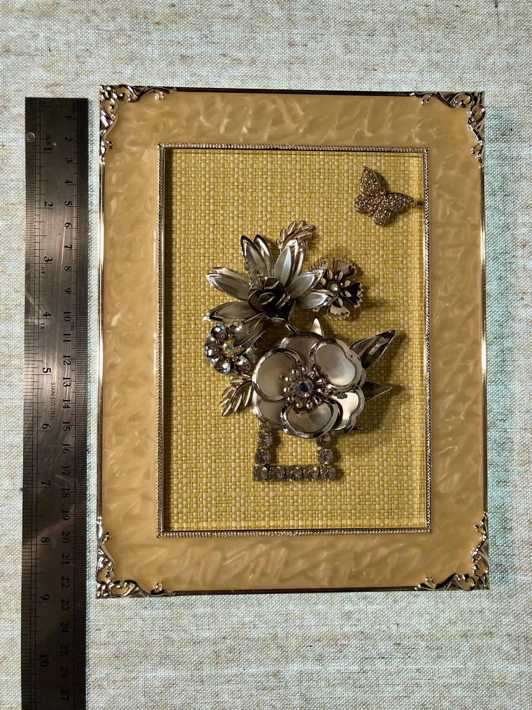 Framed Vintage Jewelry Collage Yellow